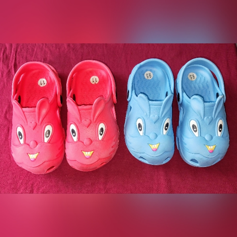 Two Pairs of Fun Rabbit Kids Clogs Size 26 and Size 28